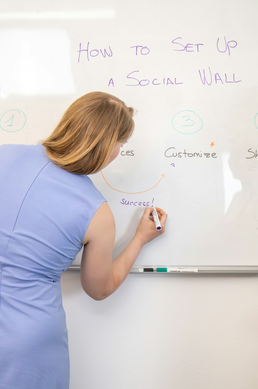 A person writing the steps for setting up a social wall on a white board